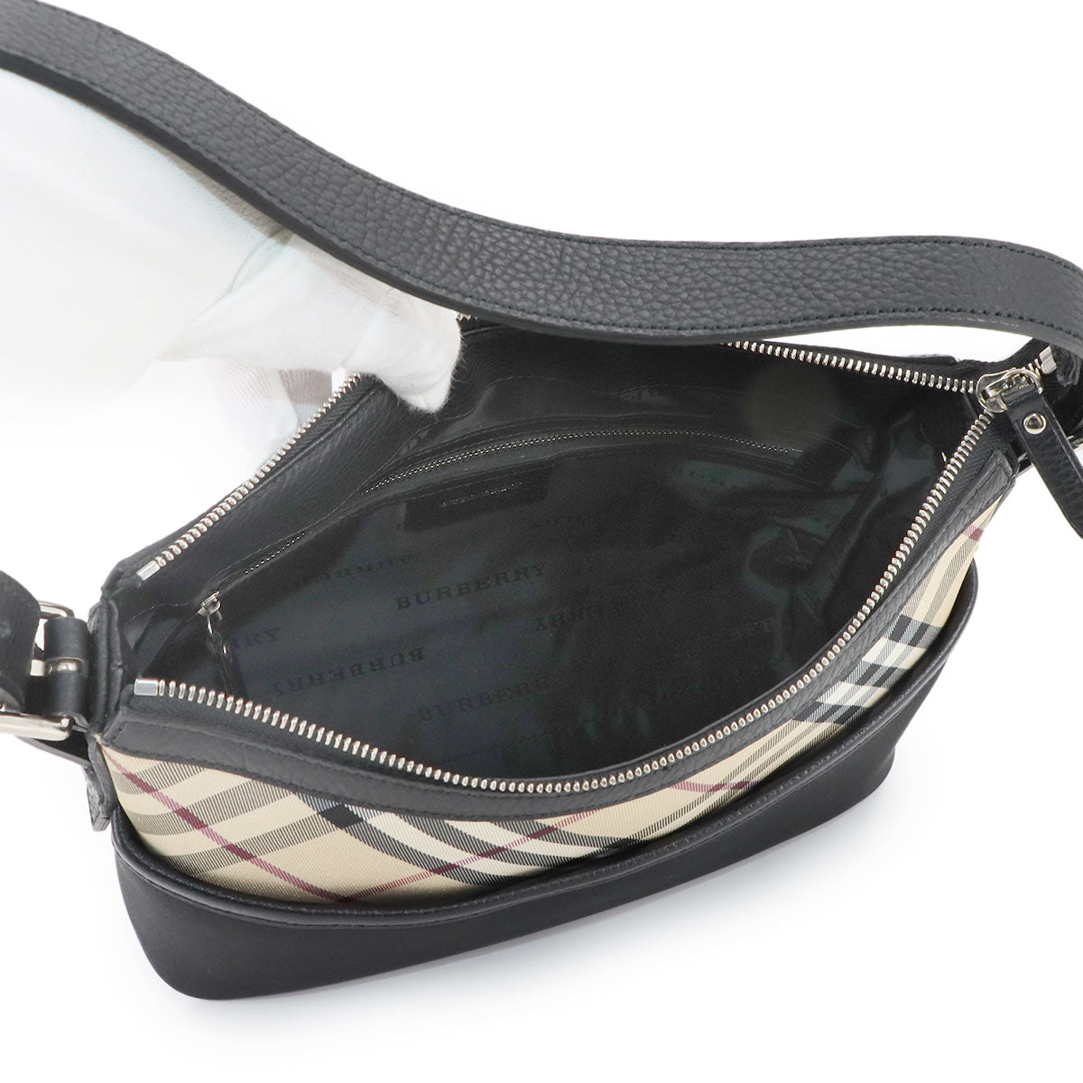 Plaid Shoulder Bag Canvas Leather Beige Black Purse