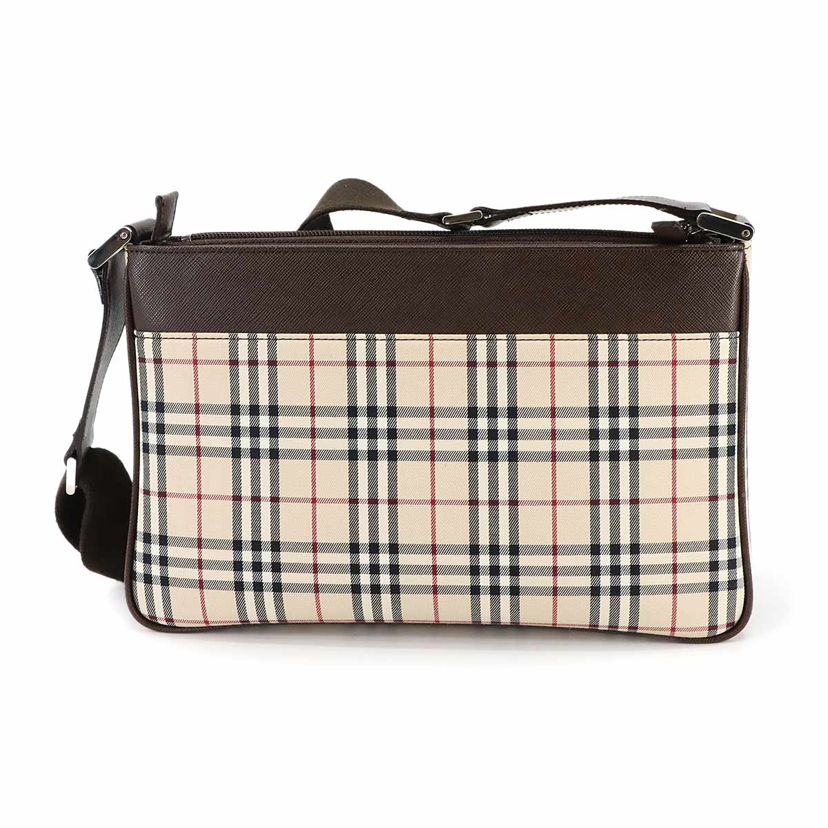 Plaid Shoulder Bag Canvas Leather Beige Brown Purse