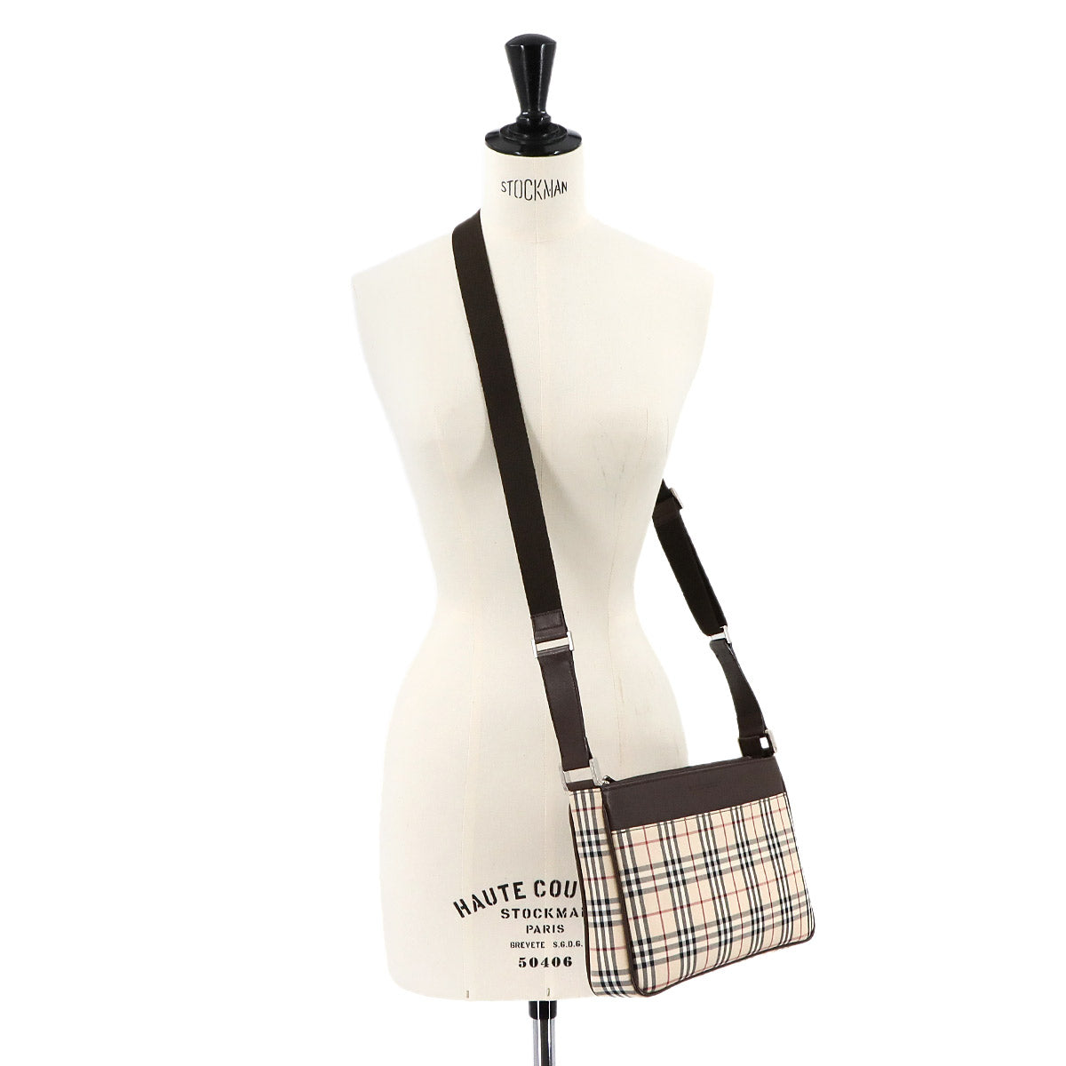 Plaid Shoulder Bag Canvas Leather Beige Brown Purse