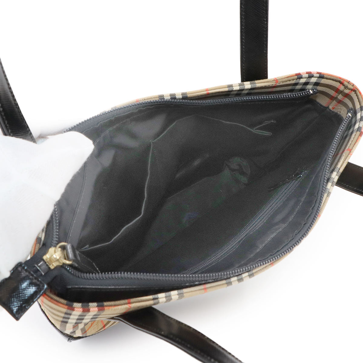 Plaid Hand Bag Canvas Leather Beige Black Haymarket