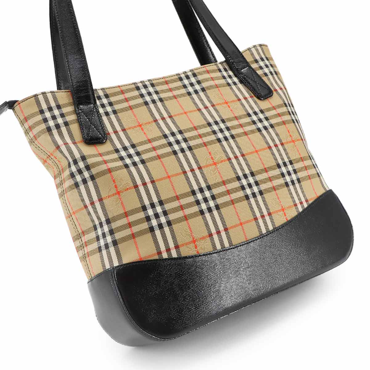 Plaid Hand Bag Canvas Leather Beige Black Haymarket