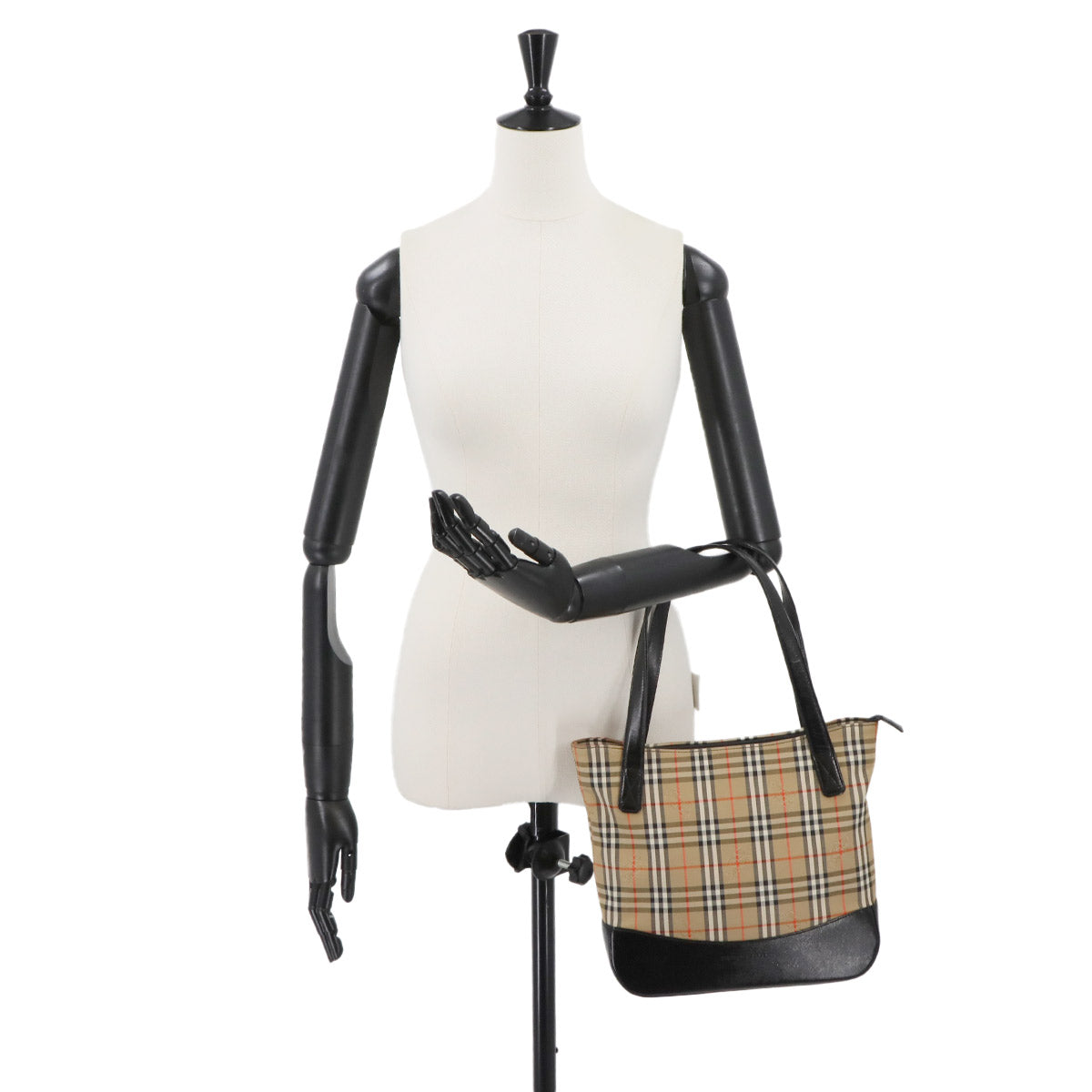 Plaid Hand Bag Canvas Leather Beige Black Haymarket