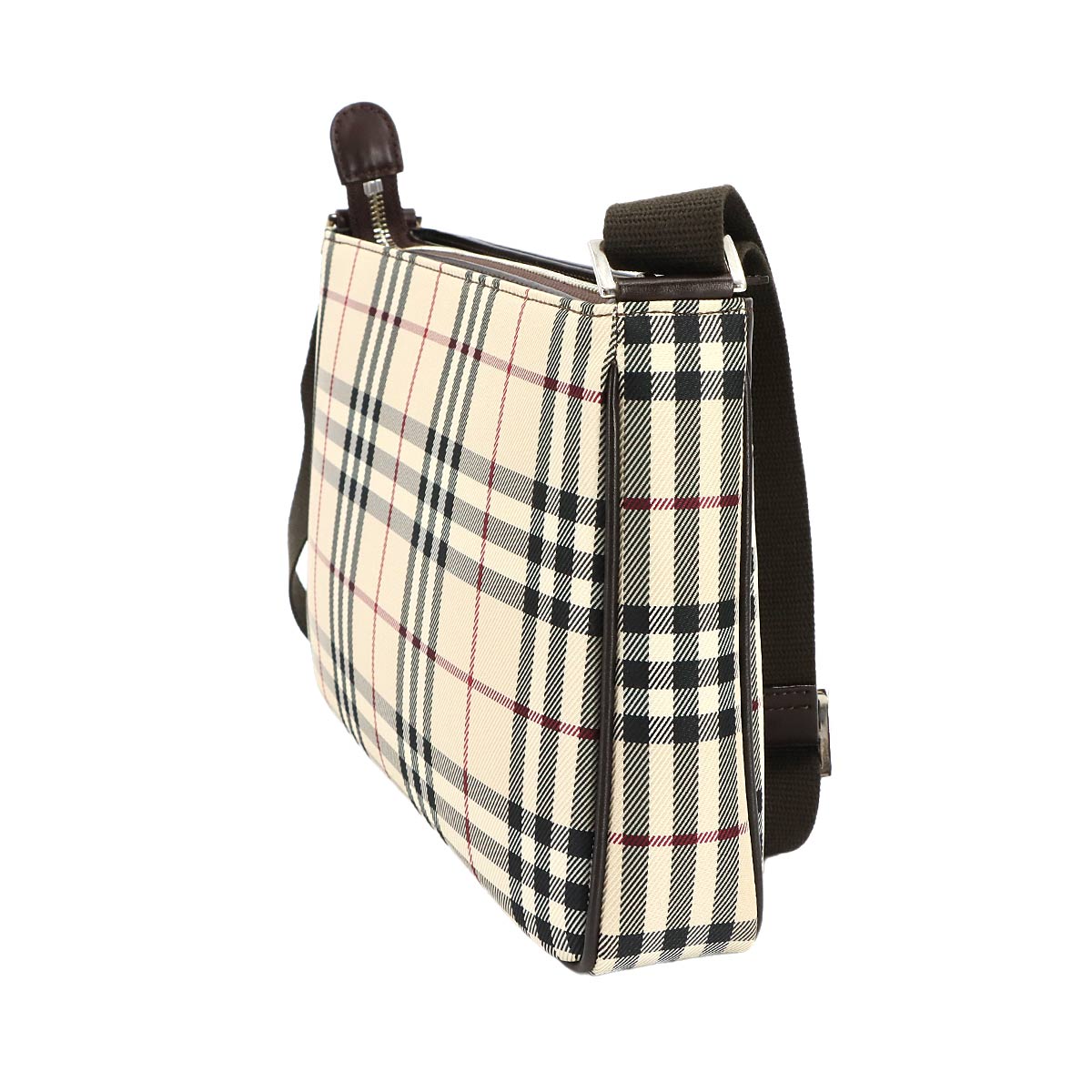 Plaid Shoulder Bag Canvas Leather Beige Brown Purse