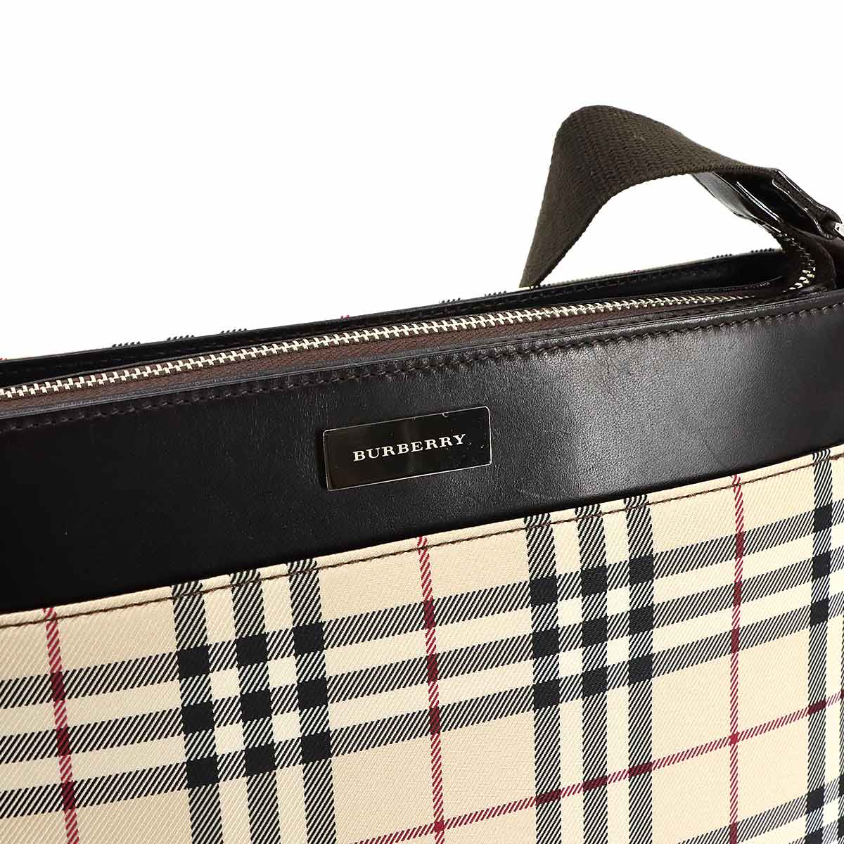 Plaid Shoulder Bag Canvas Leather Beige Brown Purse