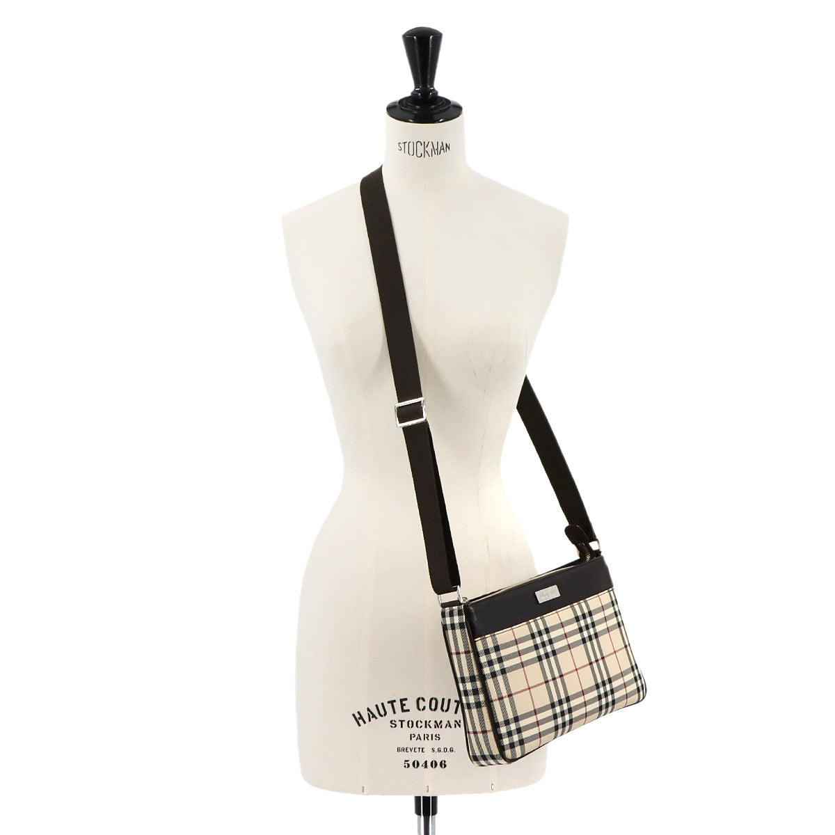 Plaid Shoulder Bag Canvas Leather Beige Brown Purse