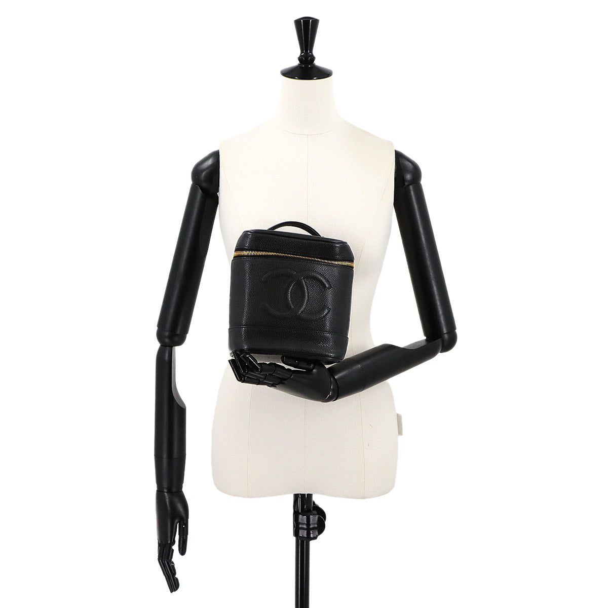 Vanity Hand Bag Caviar Skin Leather Black A01998 Vintage Purse