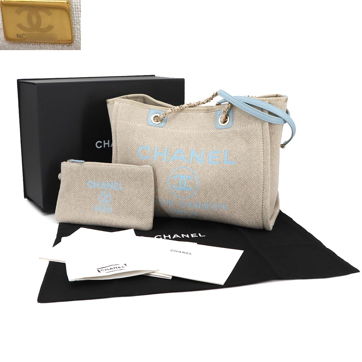 Deauville MM Chain Tote Bag Canvas Leather Beige A67001 Purse