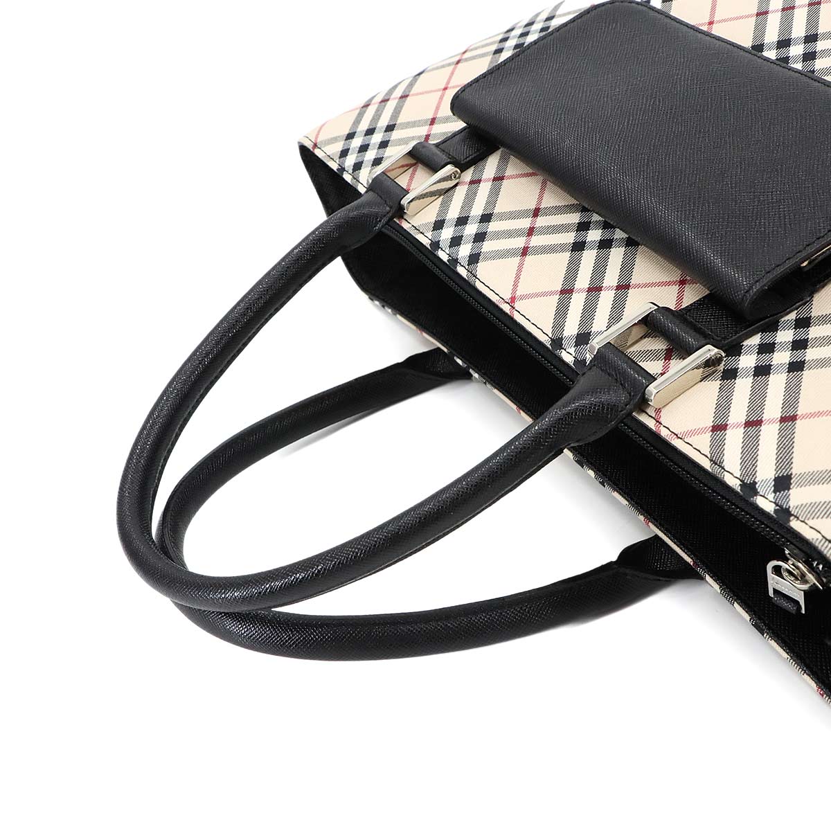 Plaid Hand Bag Canvas Leather Beige Black Purse