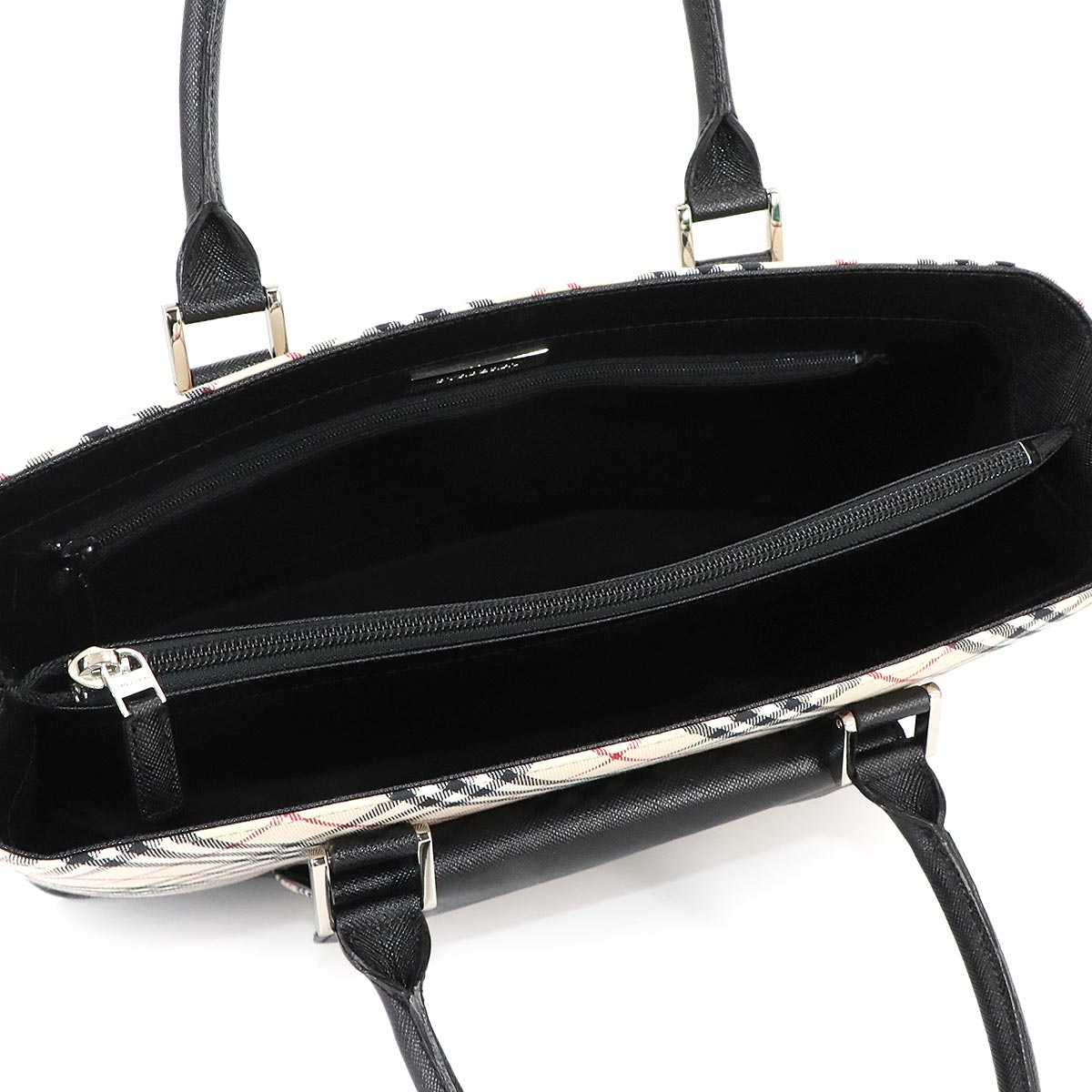 Plaid Hand Bag Canvas Leather Beige Black Purse