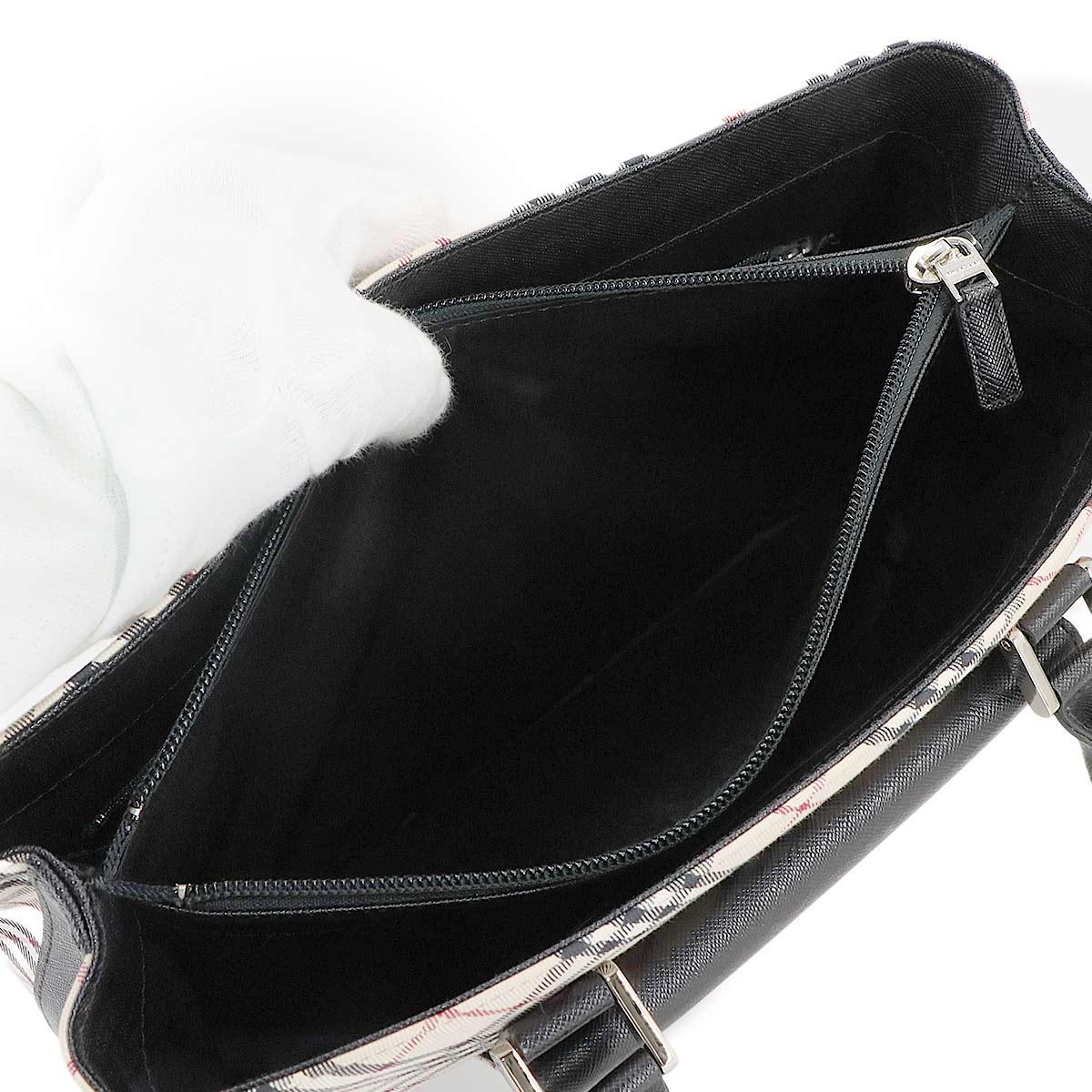 Plaid Hand Bag Canvas Leather Beige Black Purse