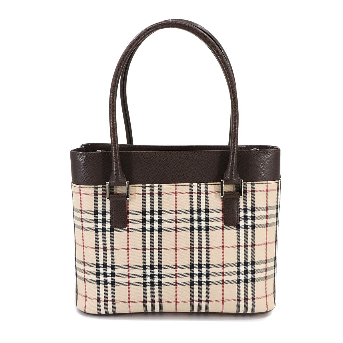 Plaid Hand Bag Canvas Leather Beige Brown Purse