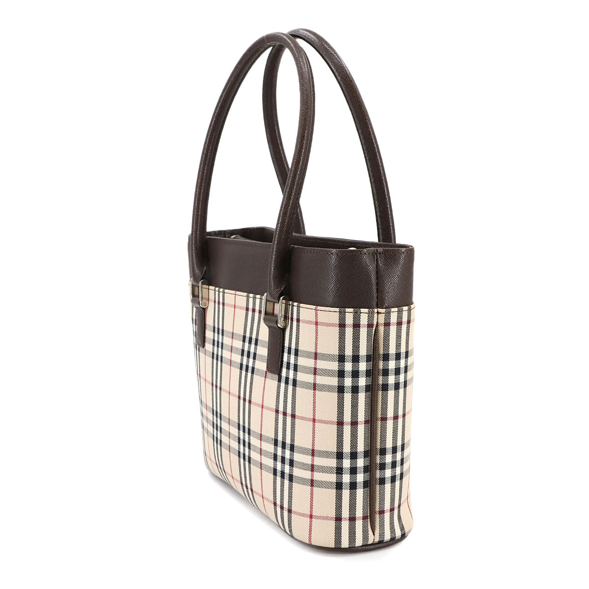 Plaid Hand Bag Canvas Leather Beige Brown Purse