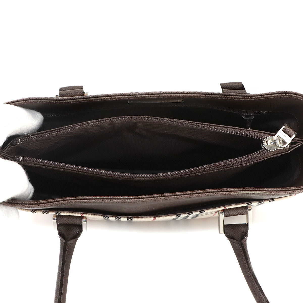 Plaid Hand Bag Canvas Leather Beige Brown Purse