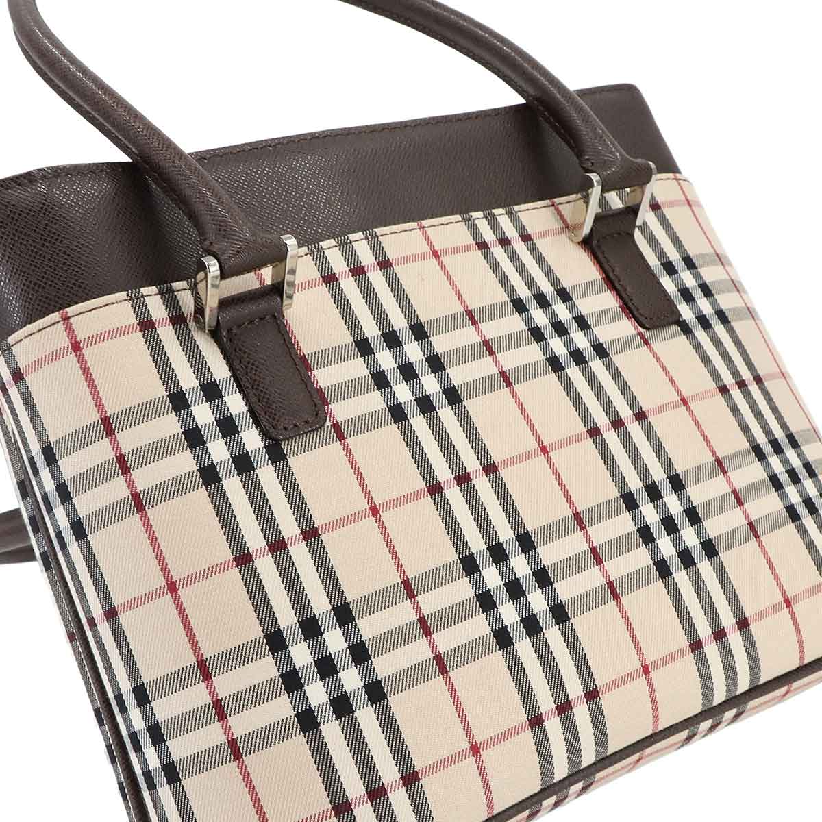 Plaid Hand Bag Canvas Leather Beige Brown Purse