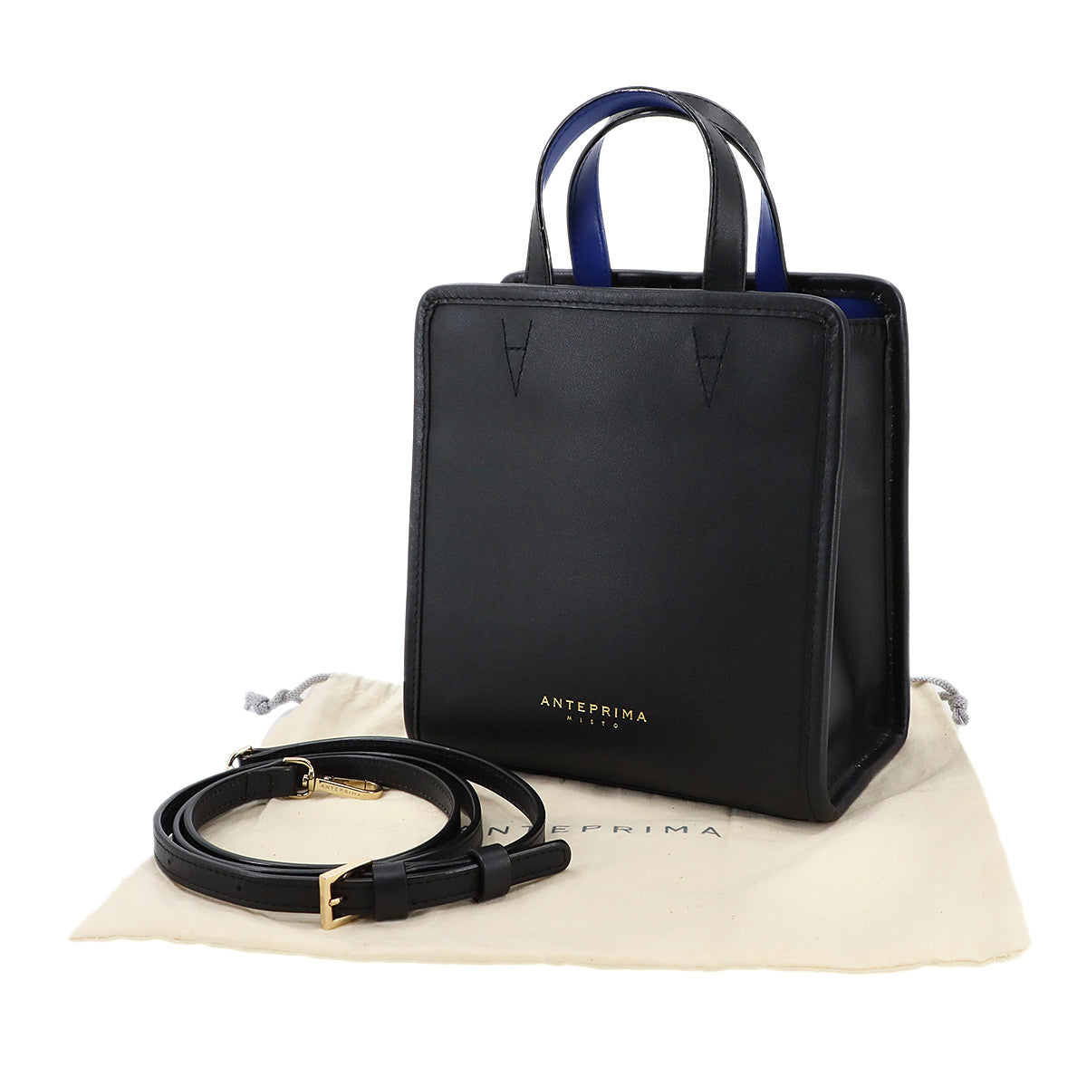 2way Hand Shoulder Bag Leather Black Blue