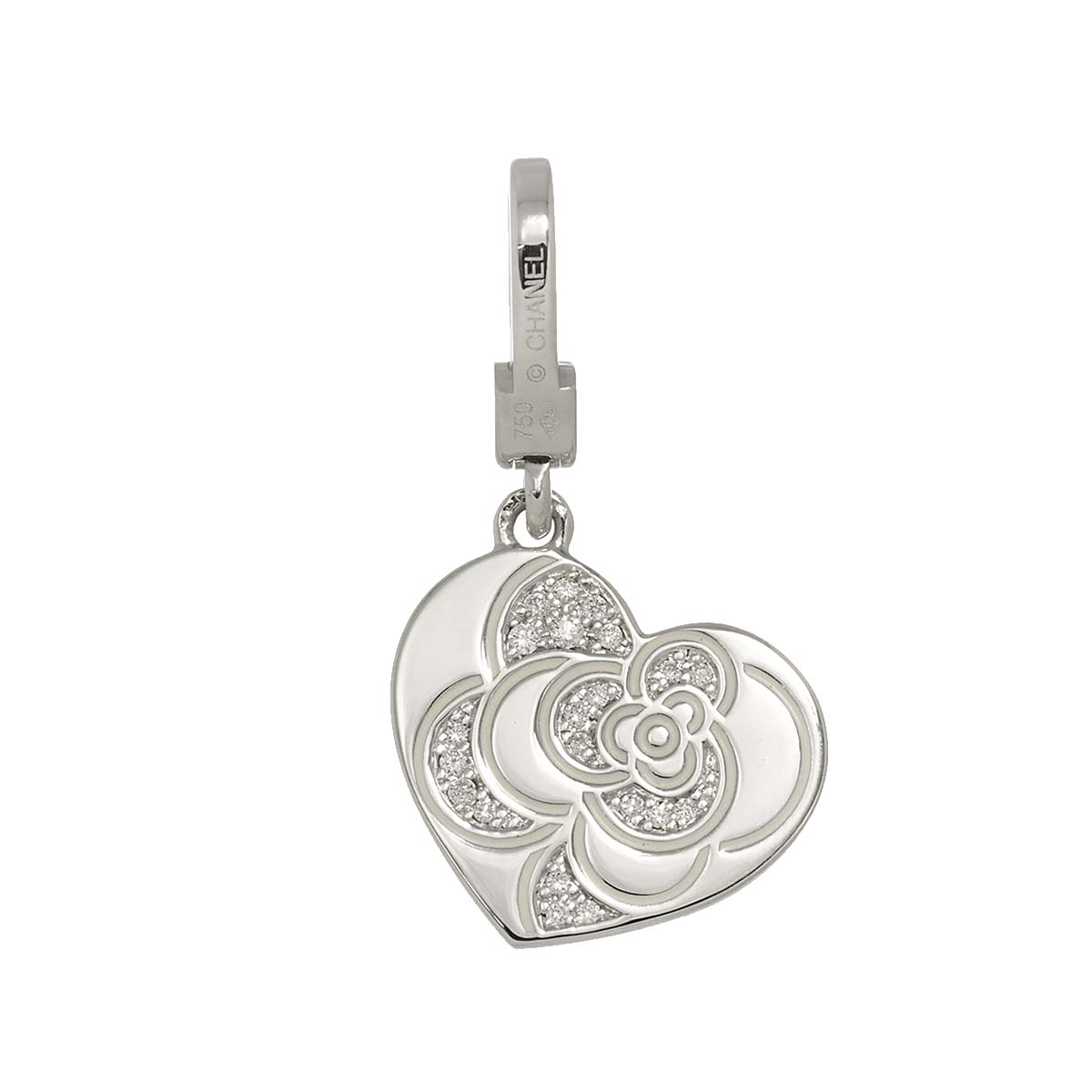 Camellia Heart Diamond Enamel Charm Pendant Top 18K WG 750