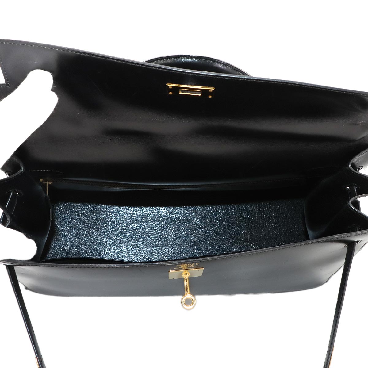 Kelly 35 Box Calf Leather Black 2way Hand Shoulder Bag Purse