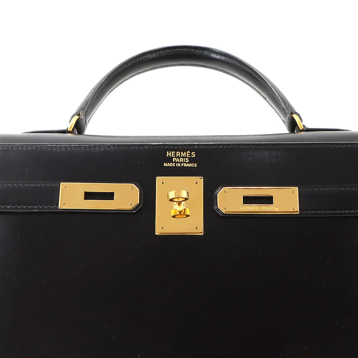 Kelly 35 Box Calf Leather Black 2way Hand Shoulder Bag Purse