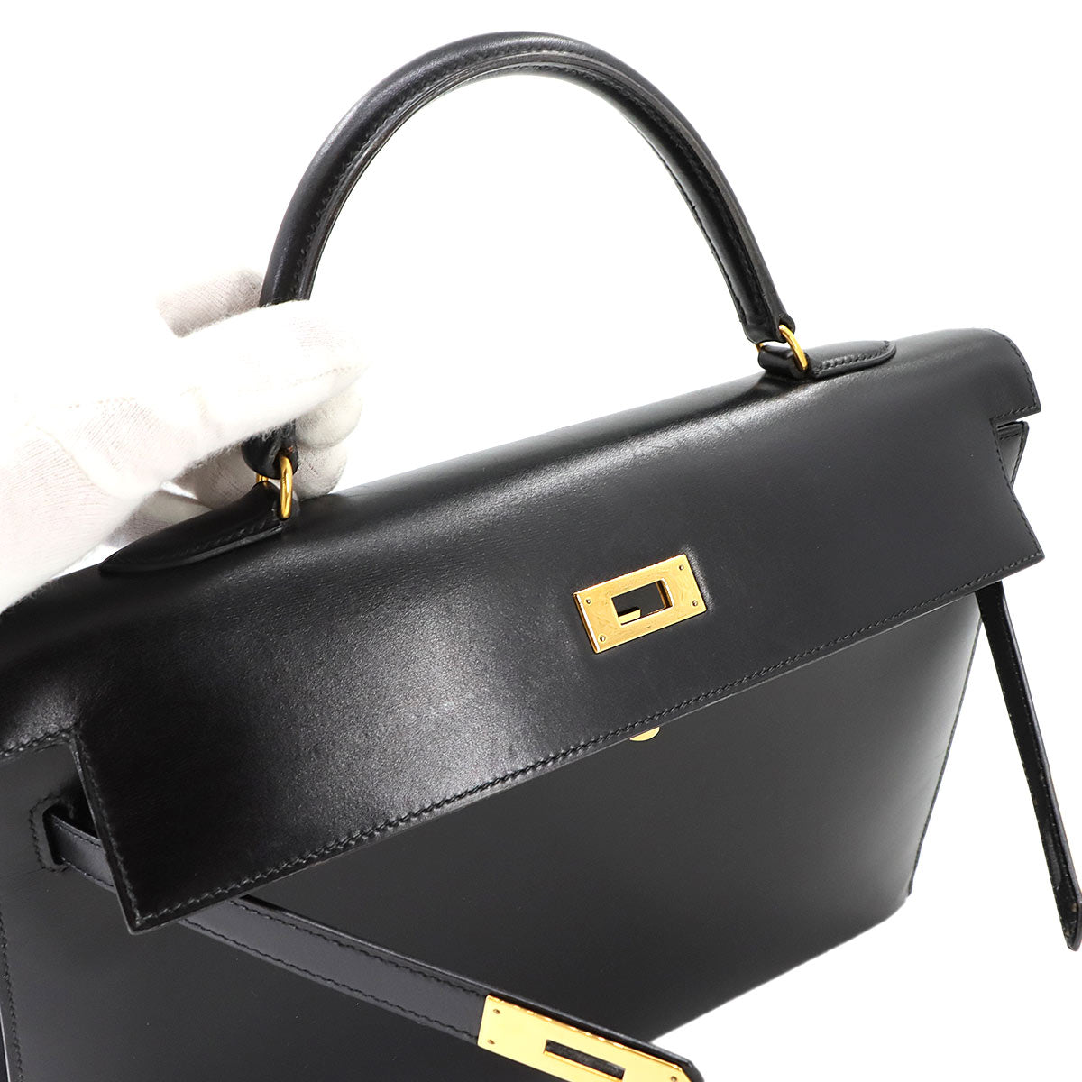 Kelly 35 Box Calf Leather Black 2way Hand Shoulder Bag Purse