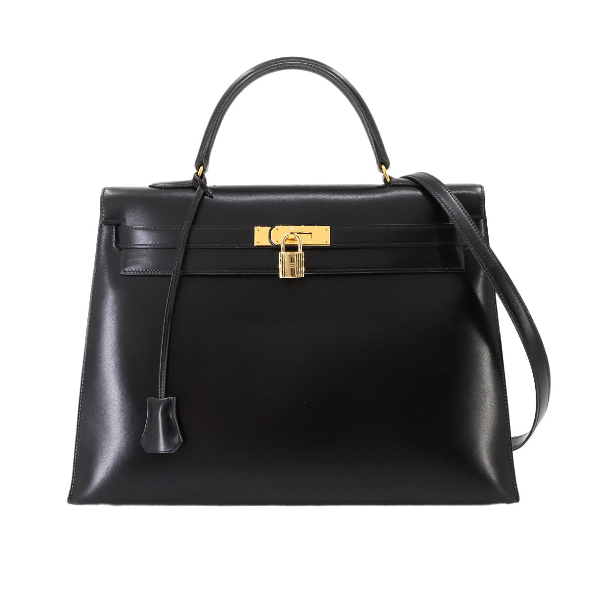 Kelly 35 Box Calf Leather Black 2way Hand Shoulder Bag Purse