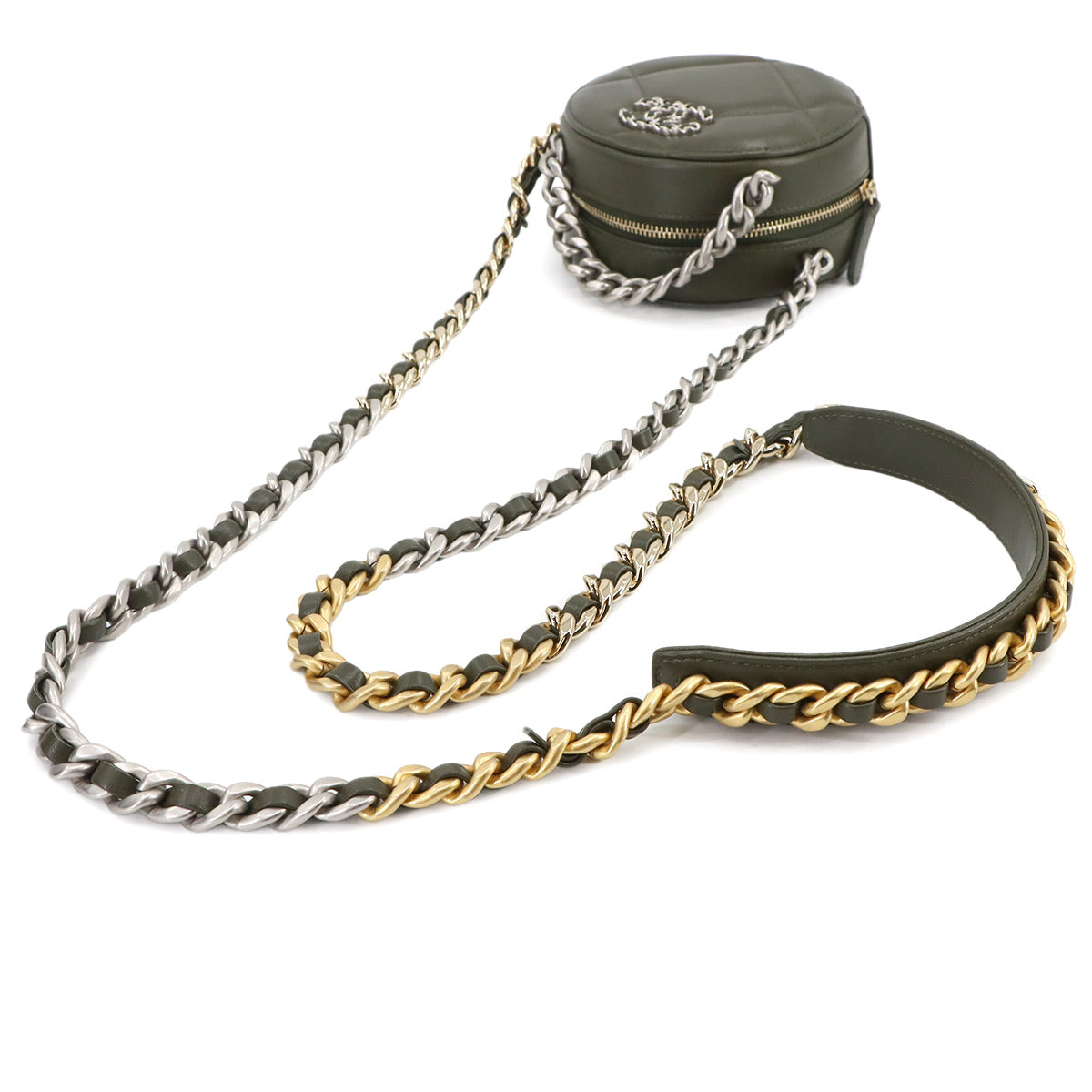 19 Round Clutch Chain Shoulder Bag Leather Khaki AP0945 Purse