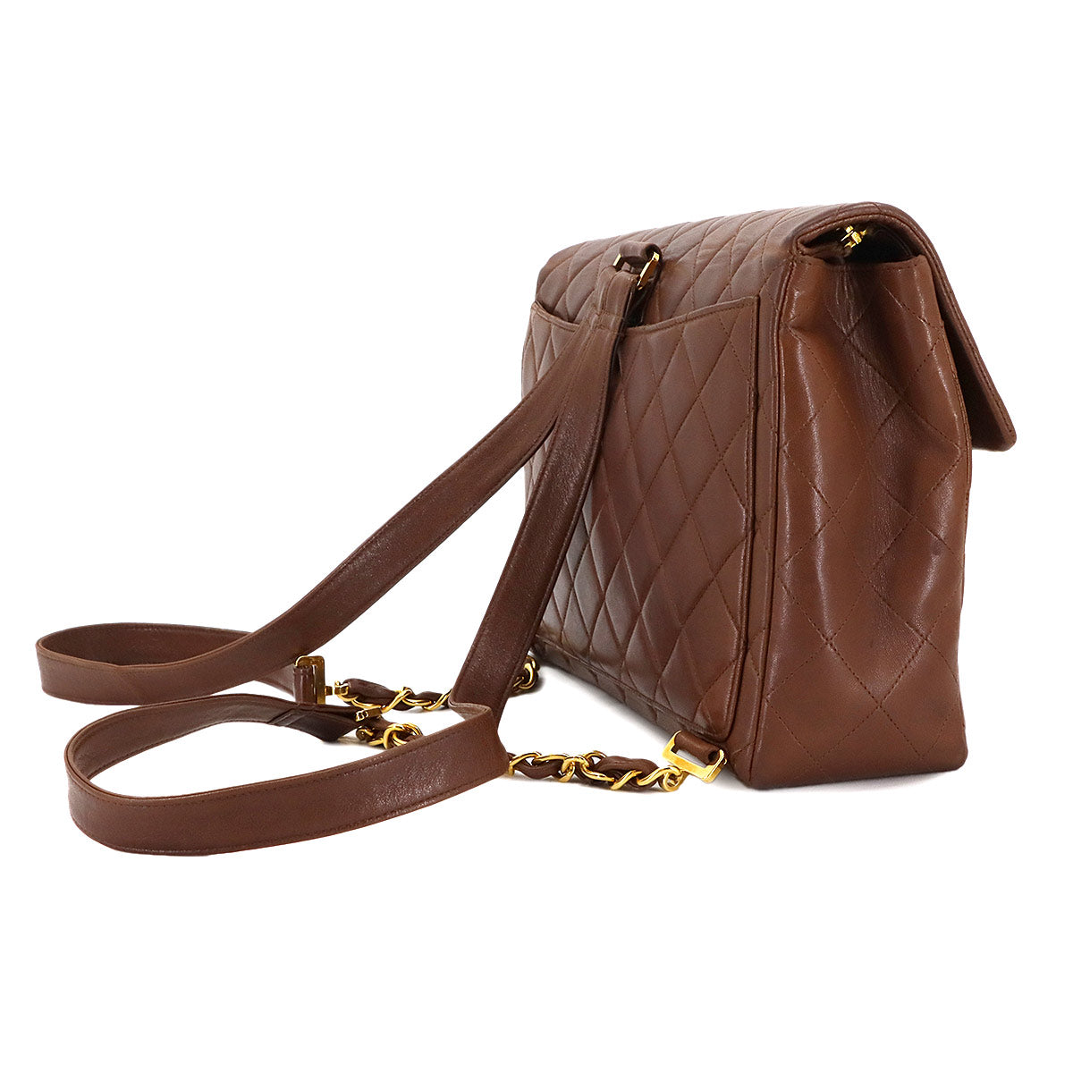 Matelasse Chain Backpack Leather Brown Vintage Purse