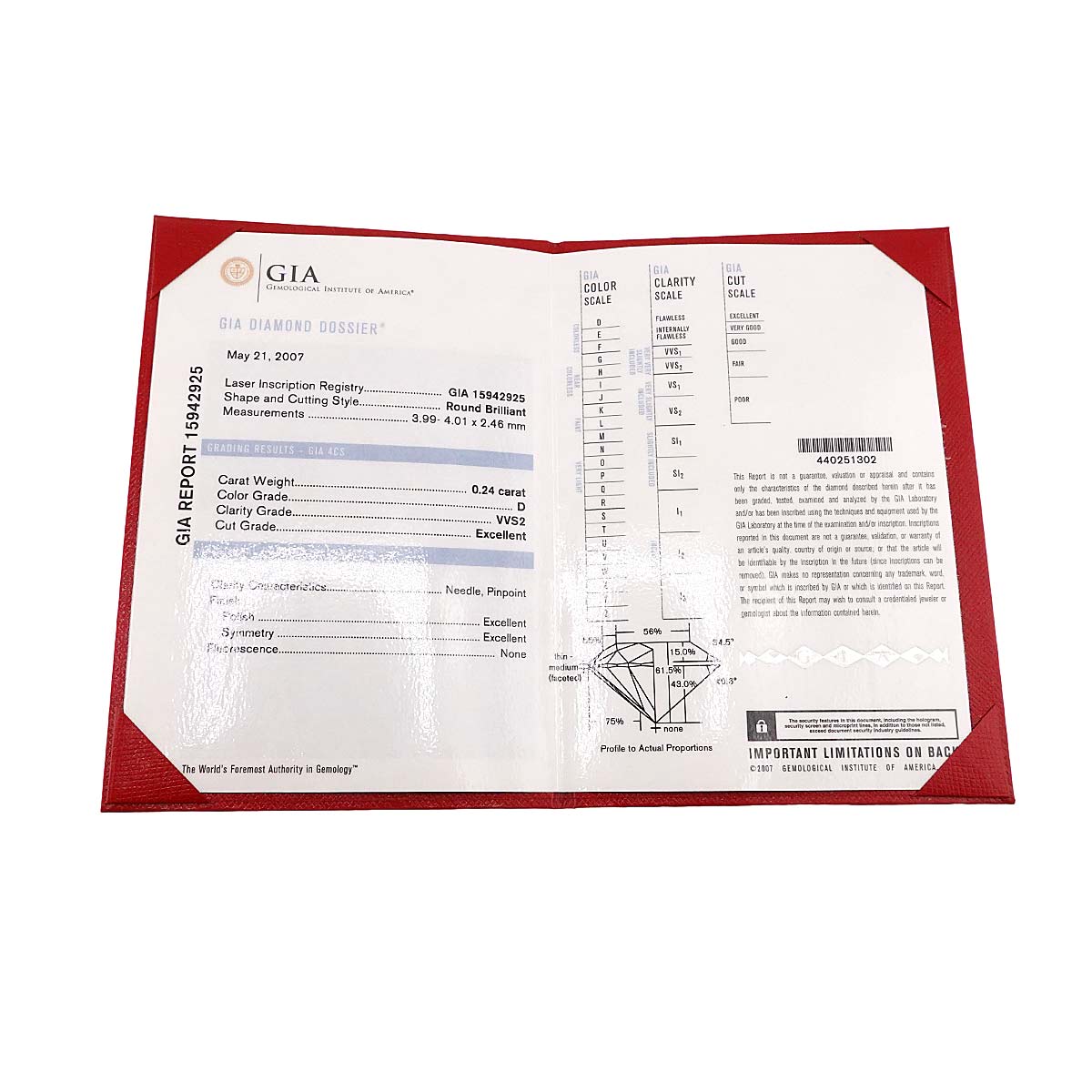 Diamond 0.24ct D/VVS2/3EX Ring Pt Size48 4.5(US)