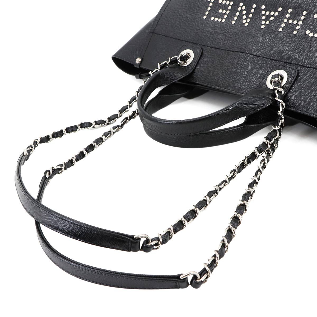 CHANEL Deauville Chain Tote Bag Studs Caviar Skin Leather Black A57069