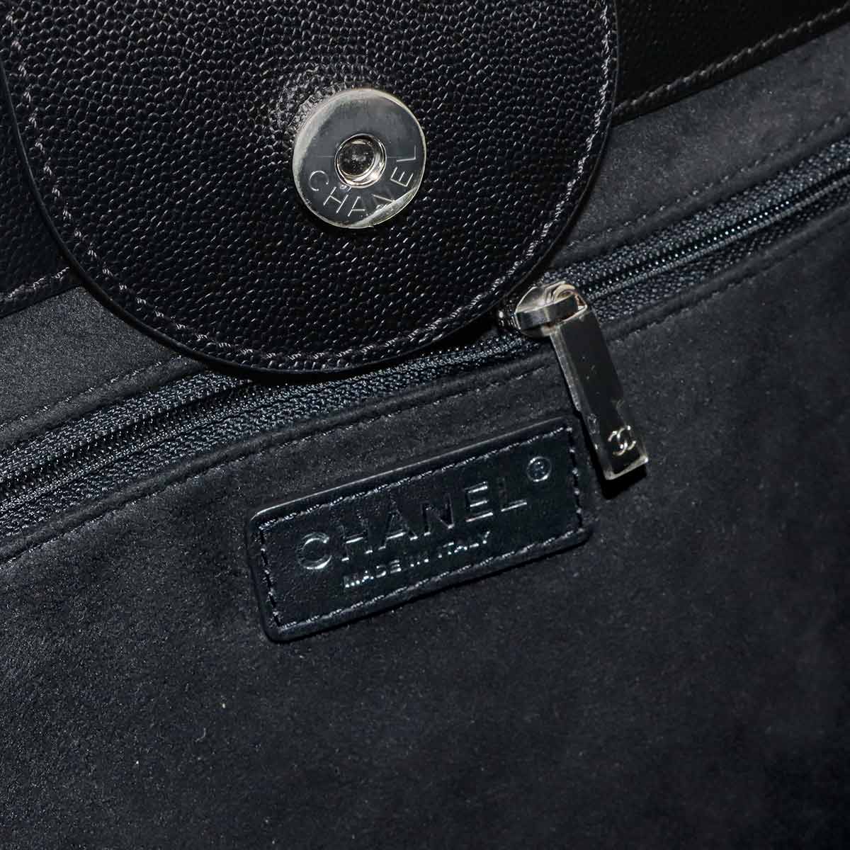 CHANEL Deauville Chain Tote Bag Studs Caviar Skin Leather Black A57069