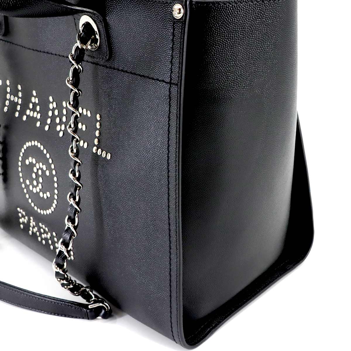 CHANEL Deauville Chain Tote Bag Studs Caviar Skin Leather Black A57069