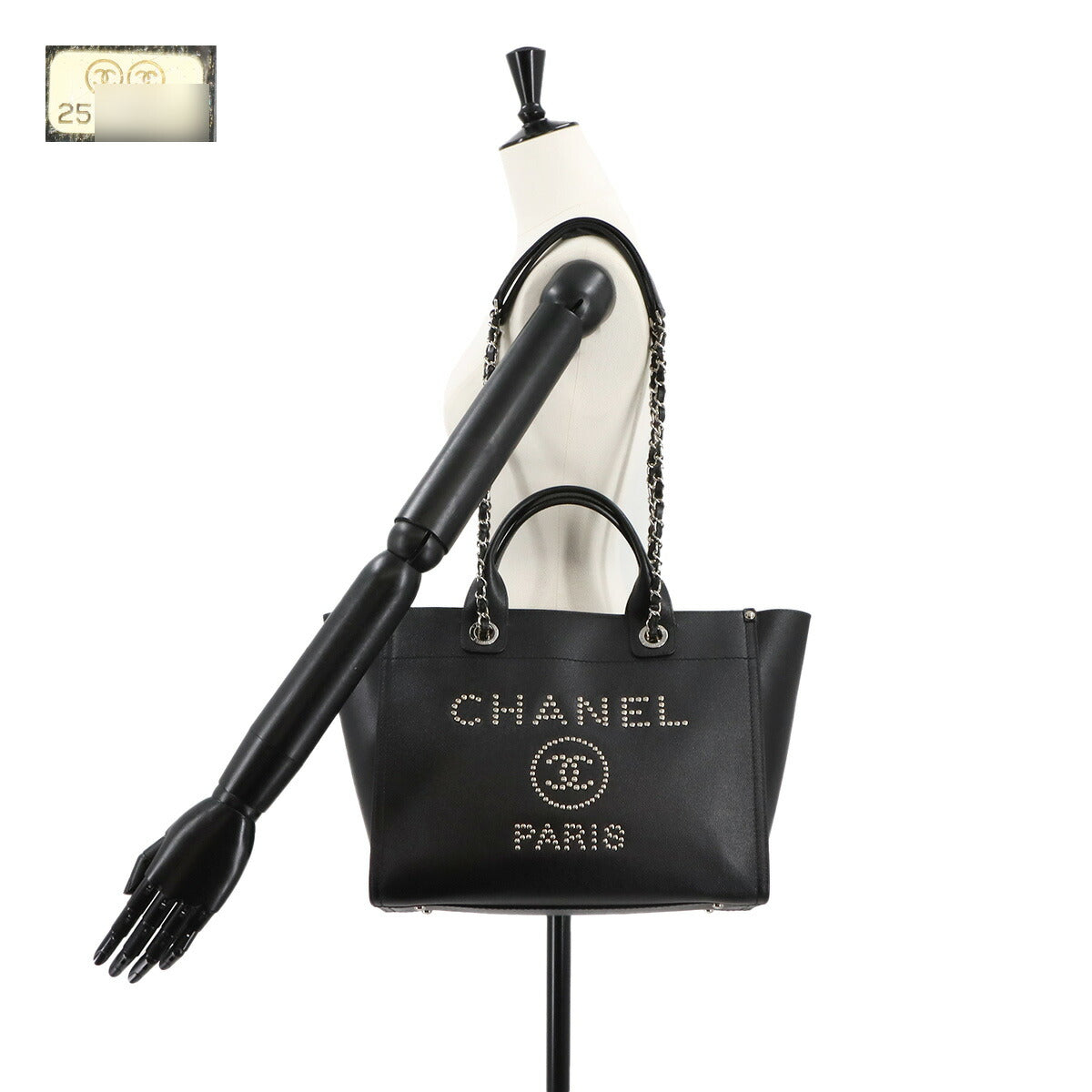 CHANEL Deauville Chain Tote Bag Studs Caviar Skin Leather Black A57069