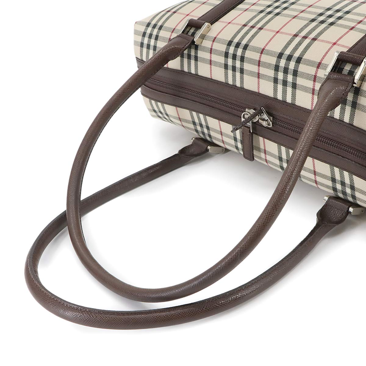 Plaid Hand Bag Canvas Leather Beige Brown Purse