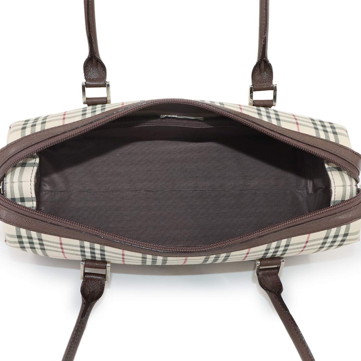 Plaid Hand Bag Canvas Leather Beige Brown Purse