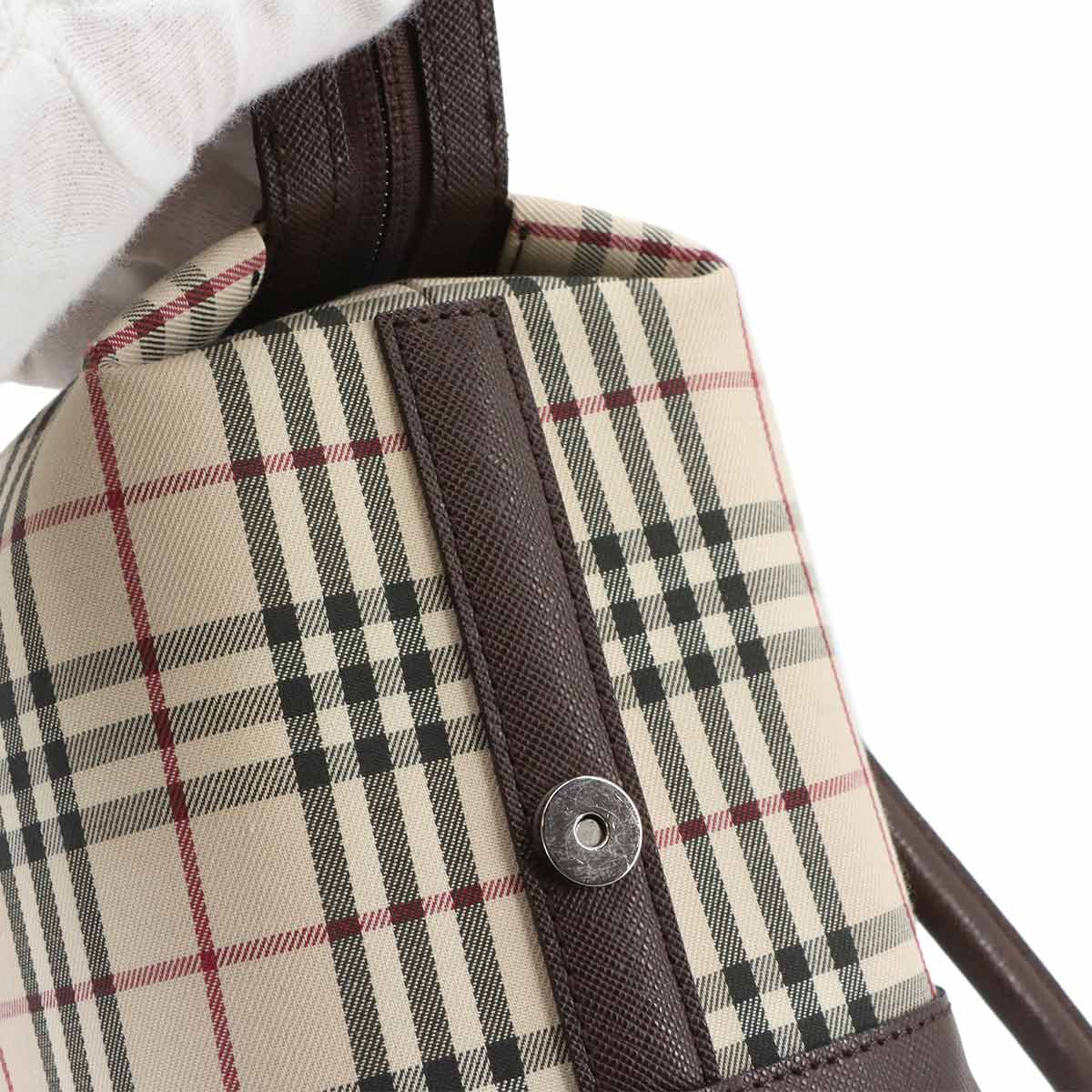 Plaid Hand Bag Canvas Leather Beige Brown Purse