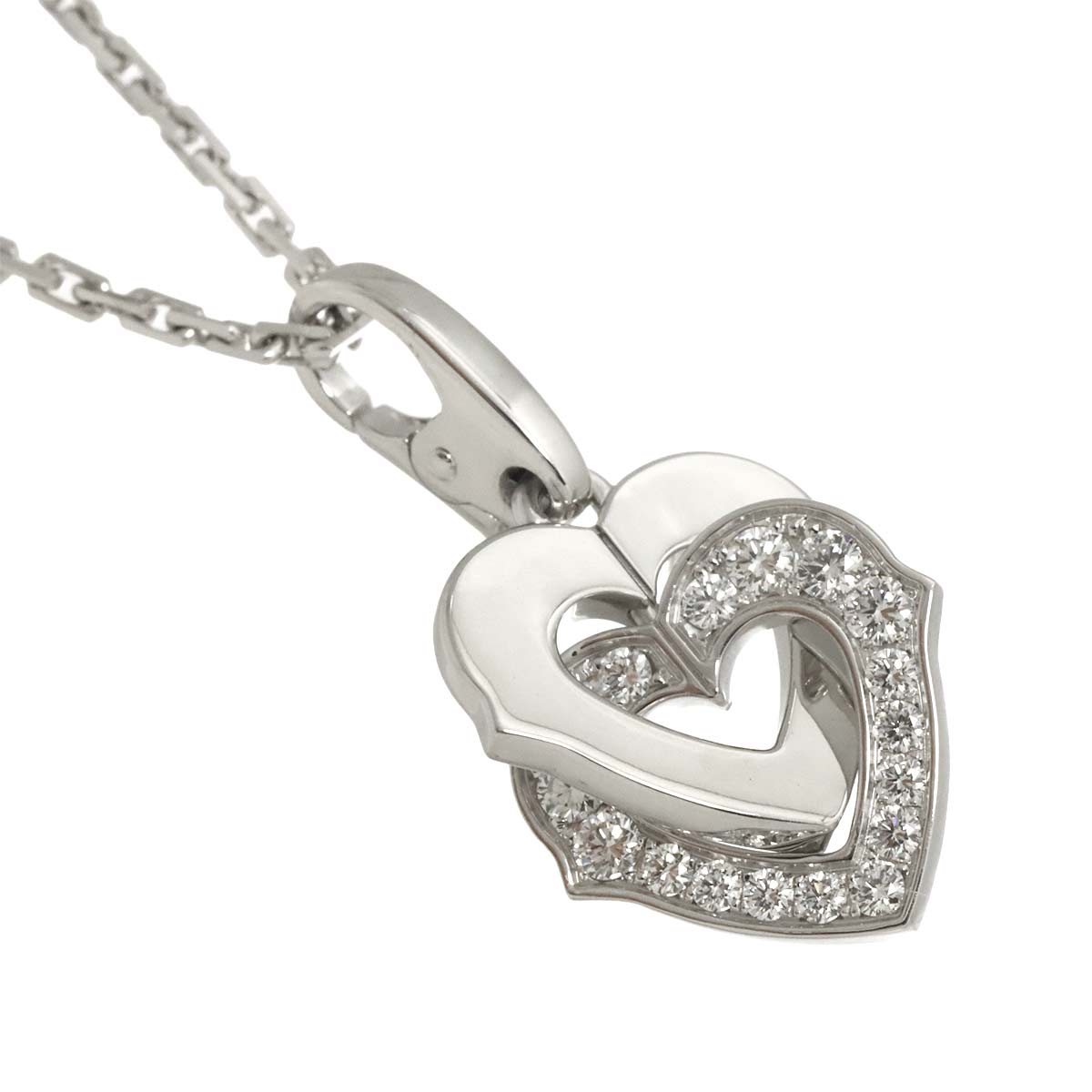 Double Heart Pave Diamond Necklace 18K White Gold 750