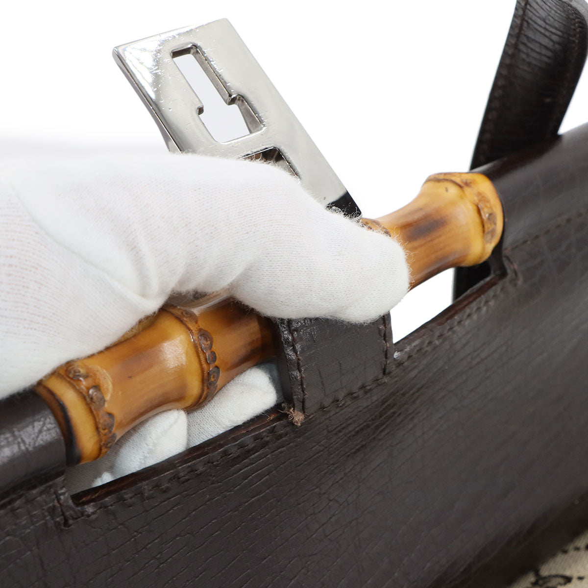 Bamboo GG Canvas Hand Bag Leather Brown Beige 111713 Purse