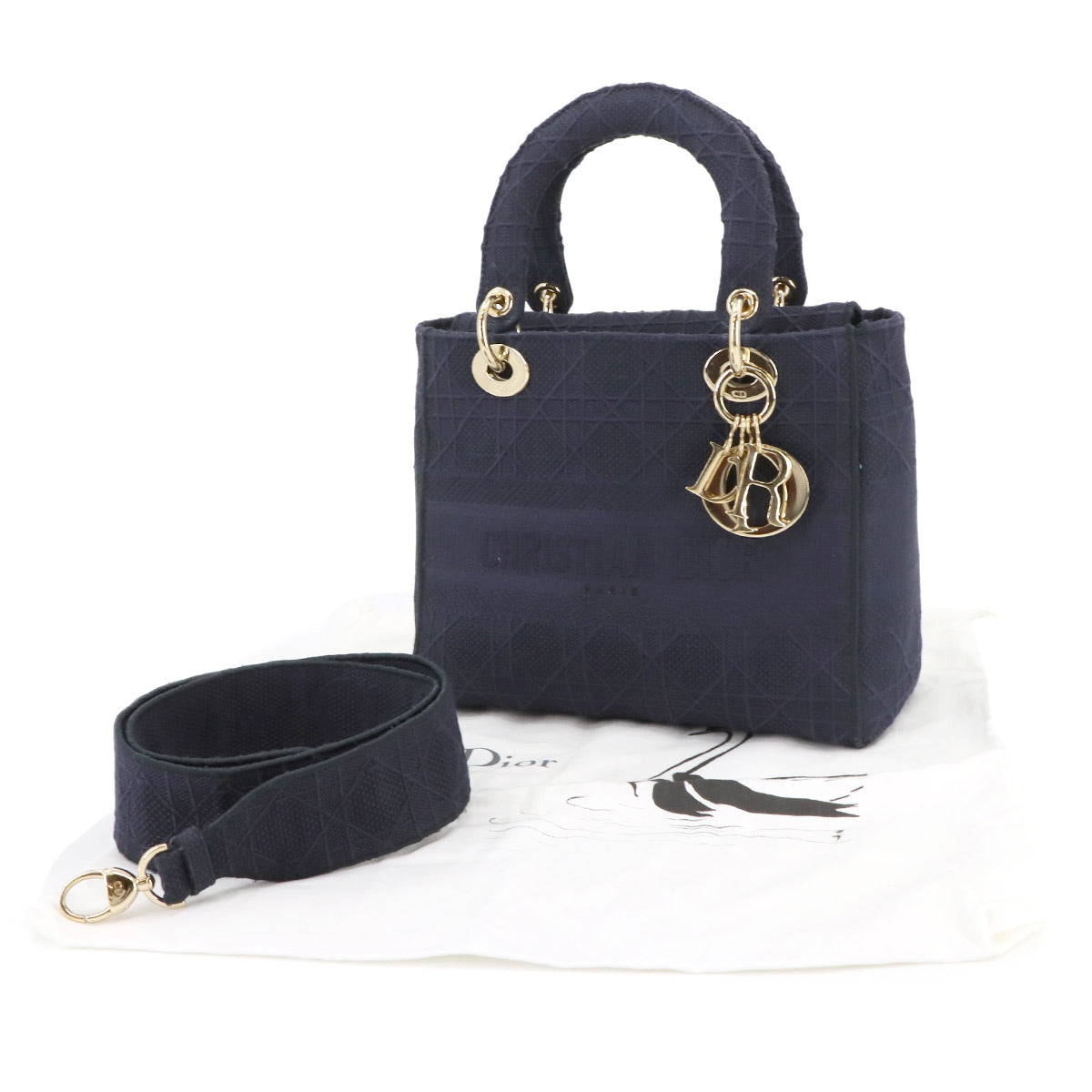 Lady D-Lite Medium Hand Shoulder Bag Canvas Navy
