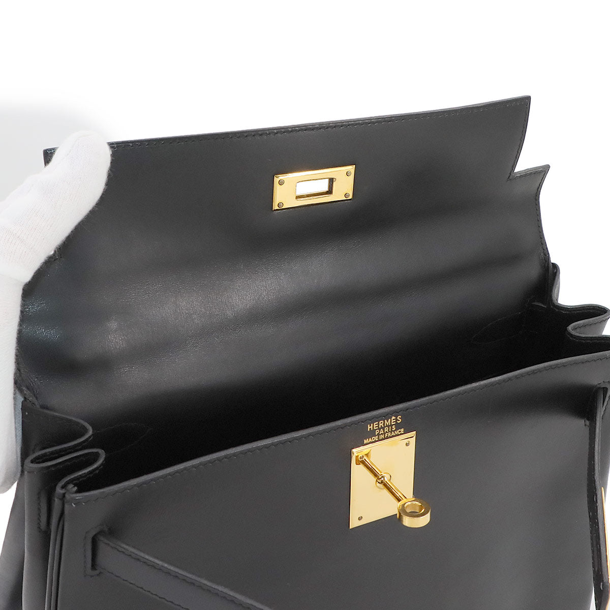 HKelly 28 Box Calf Leather Black 2way Hand Shoulder Bag Purse
