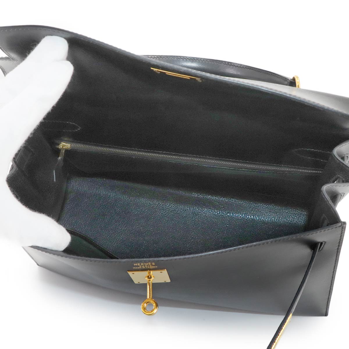 Kelly 32 Box calf Black 2way Hand Shoulder Bag Purse