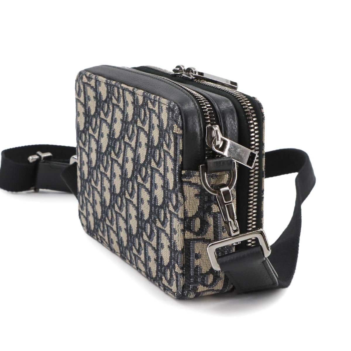 Zipped Pouch Shoulder Bag Canvas Leather Navy Purse