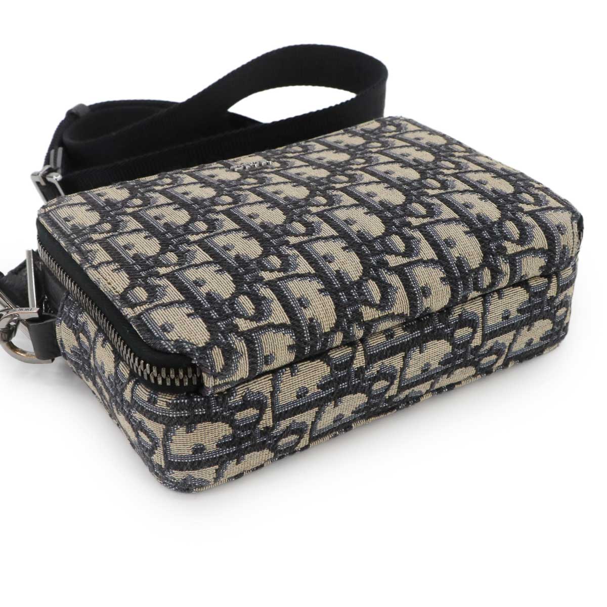 Zipped Pouch Shoulder Bag Canvas Leather Navy Purse