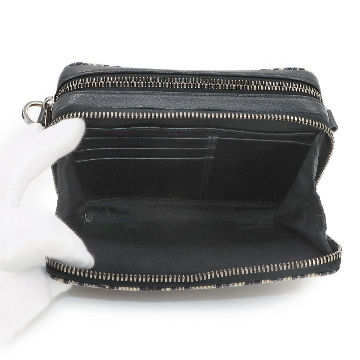 Zipped Pouch Shoulder Bag Canvas Leather Navy Purse