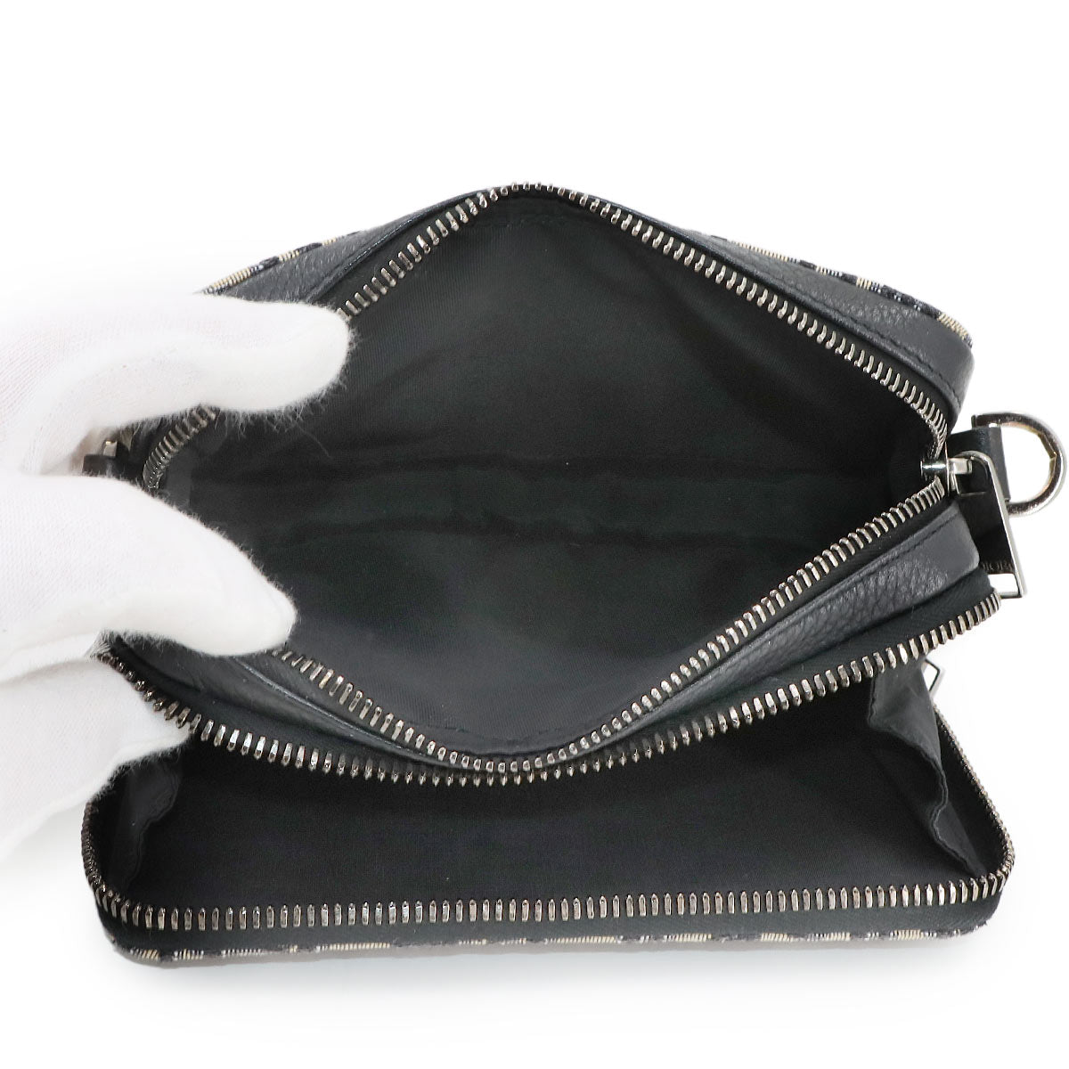 Zipped Pouch Shoulder Bag Canvas Leather Navy Purse