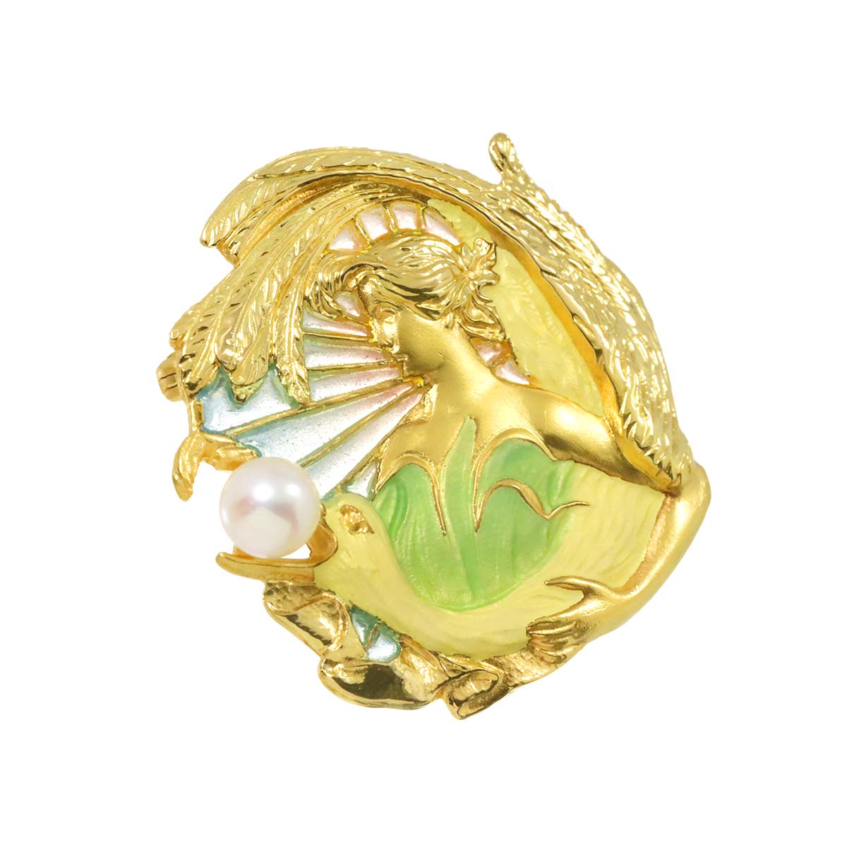 Akoya Pearl Enamel Brooch 18K Yellow Gold 750
