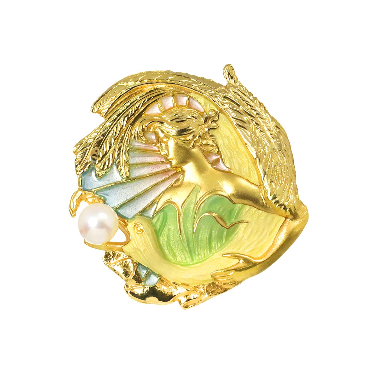 Akoya Pearl Enamel Brooch 18K Yellow Gold 750