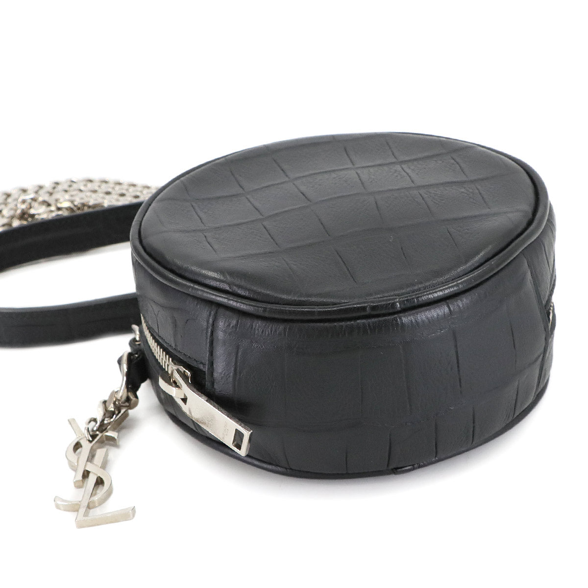 Round Chain Shoulder Bag Leather Black 357400