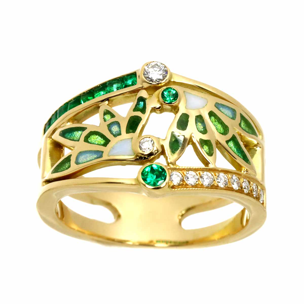 Diamond Emerald Enamel Ring 18K YG 750 Size6.75(US)