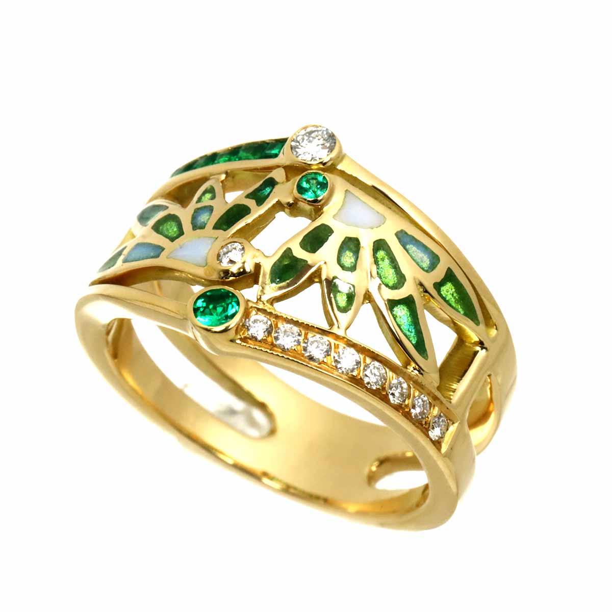 Diamond Emerald Enamel Ring 18K YG 750 Size6.75(US)