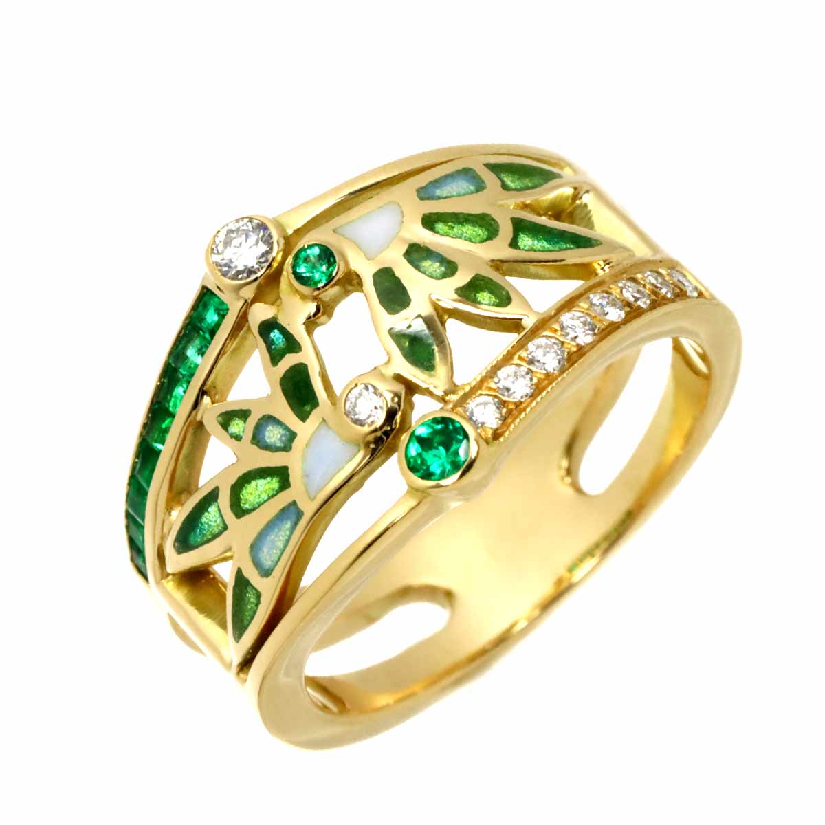 Diamond Emerald Enamel Ring 18K YG 750 Size6.75(US)