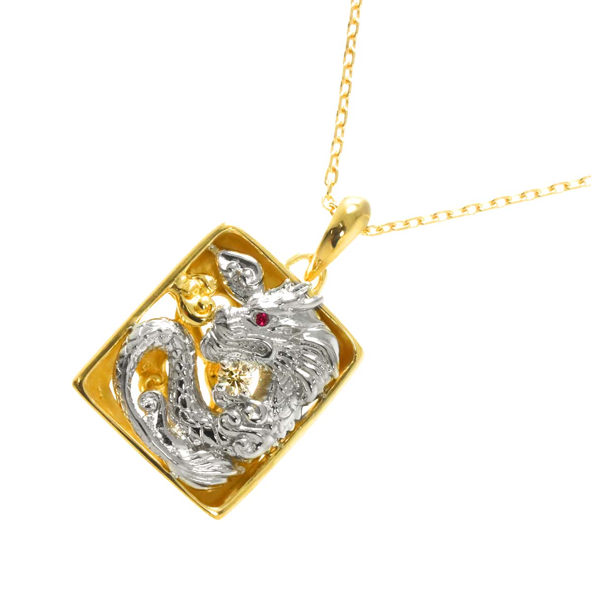 Diamond 0.08ct Ruby 0.005ct Necklace 18K YG Pt Yellow Gold 750 Platinum